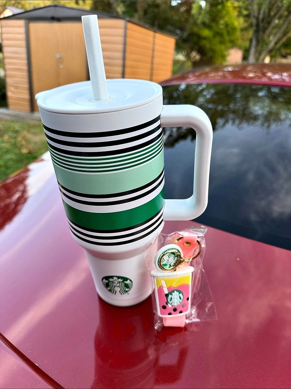 Starbucks 40 oz Straw Tumbler Striped Green & White NWT & Keychain